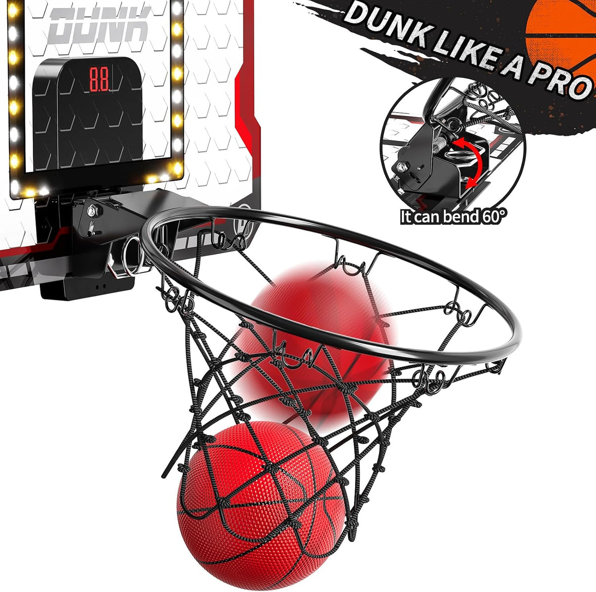 TEMI Indoor Basketball Hoop for Kids, Door Room Basketball Hoop - LED & Scoreboard & 4 Balls - image 4