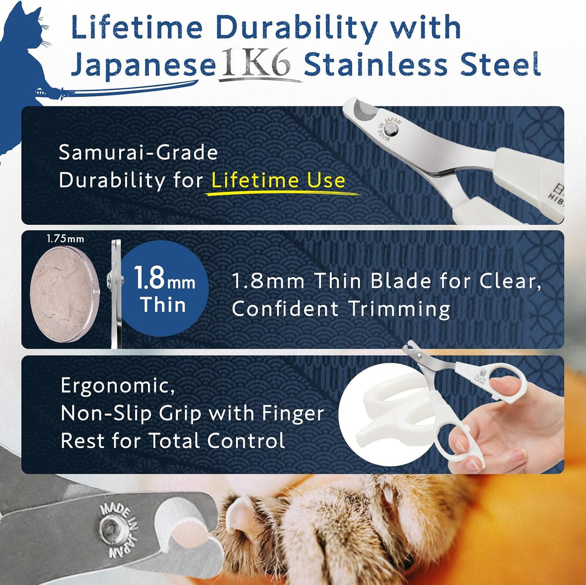 Samurai-Grade Cat Nail Clippers, Quiet Precision Trimmer, Black - Mochi White - image 3