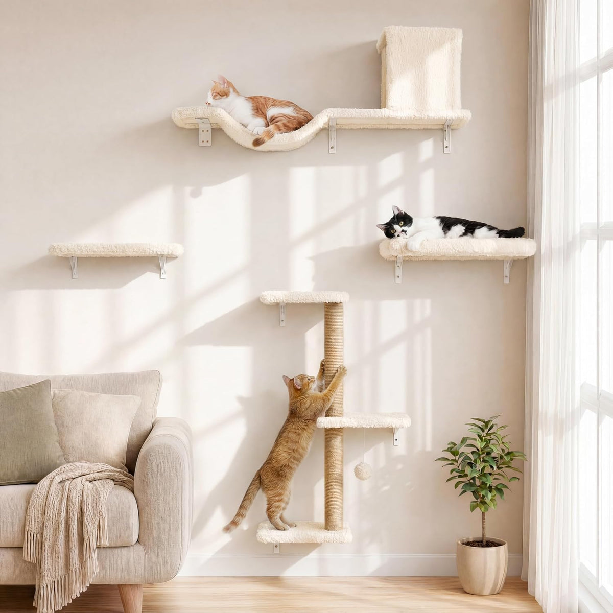 FUKUMARU Cat Wall Shelves - Beige / 4-Piece Set with Hammock