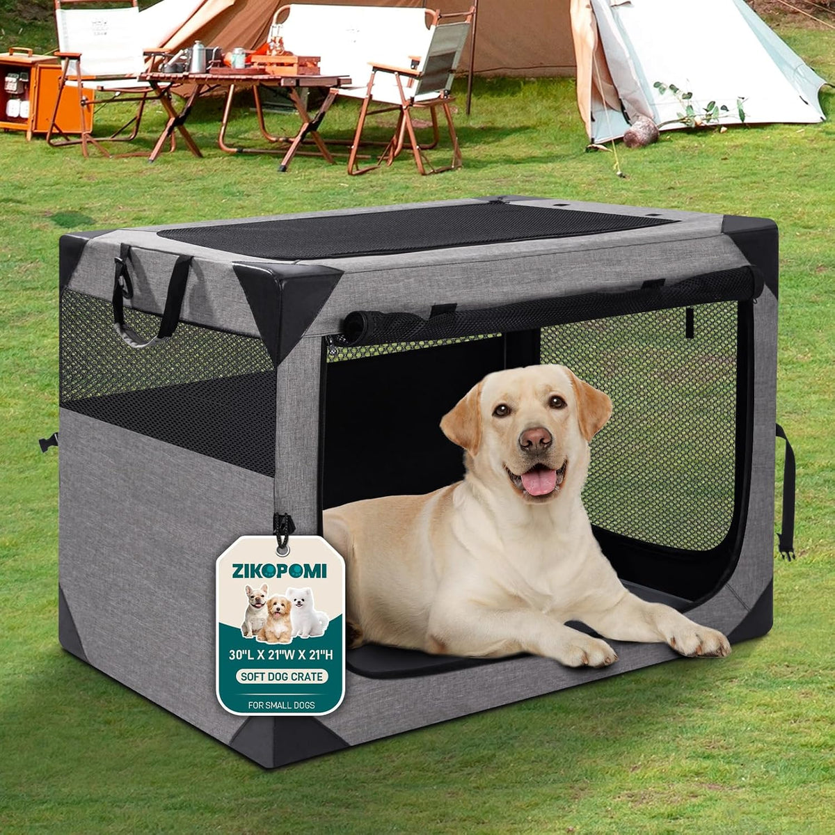 Zikopomi 30 Inch Portable Soft Foldable Dog Crate - Light Grey / 30.0"L x 21.0"W x 21.0"H