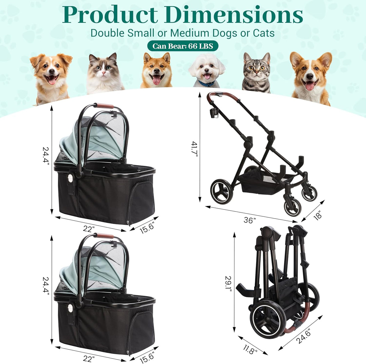 Foldable Double Pet Stroller for 2 Small Medium Cats Dogs – Essentials for Cats - Light Blue / Double - image 3