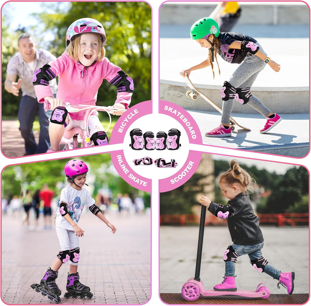 2PM SPORTS Knee and Elbow Pads Set with Wrist Guards for Kids Girls - Pink / Medium - image 3