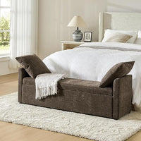 HULALA HOME Modern Storage Bench with Throw Pillows, 59.4" Extra Long Bedroom Ottoman Bench for End of Bed, Comfy Upholstered Footstool for Entryway Living Room Dining Room, Taupe