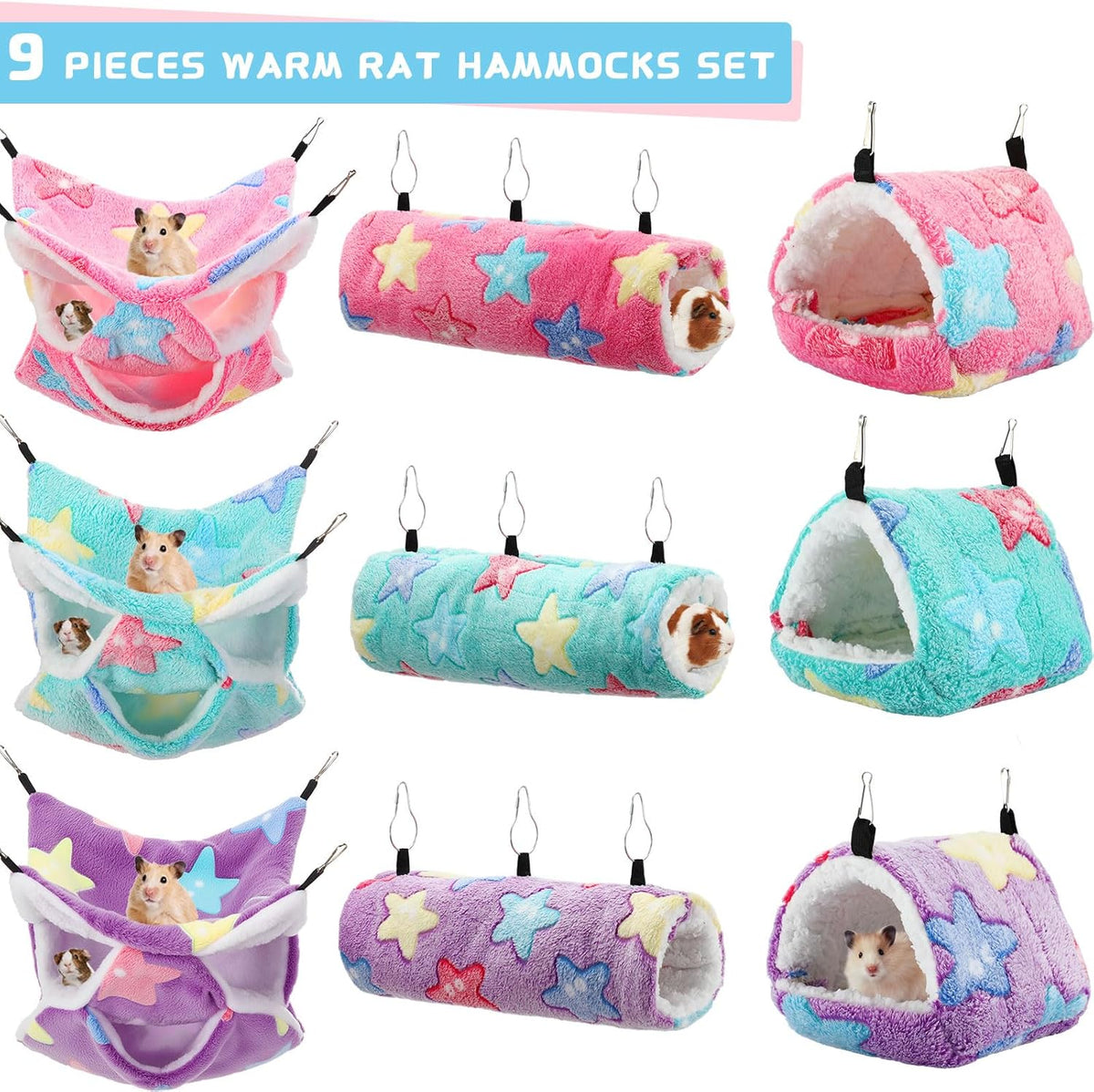 Abbylike 9 Pieces Rat Hammock 3 Tier Guinea Pig Ferret Hammocks Small - Green, Purple, Pink / Stars - image 3