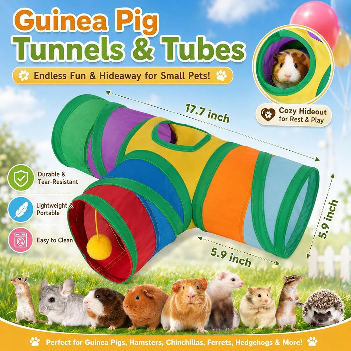 Guinea Pig Tunnel Hideout 3-Way Collapsible Small Pet Tubes - Rainbow - image 2