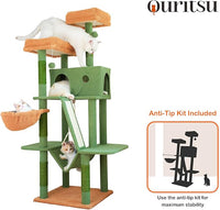 Ouritsu Cat Tree, 61 inch Tall Cat Tower for Large Cat Indoor, Enlarged Condo, 2 Padded Perches with 1 Widened, Large Hammock, Scratching Post and ramp, Fluffy Basket, Green, LF002GB