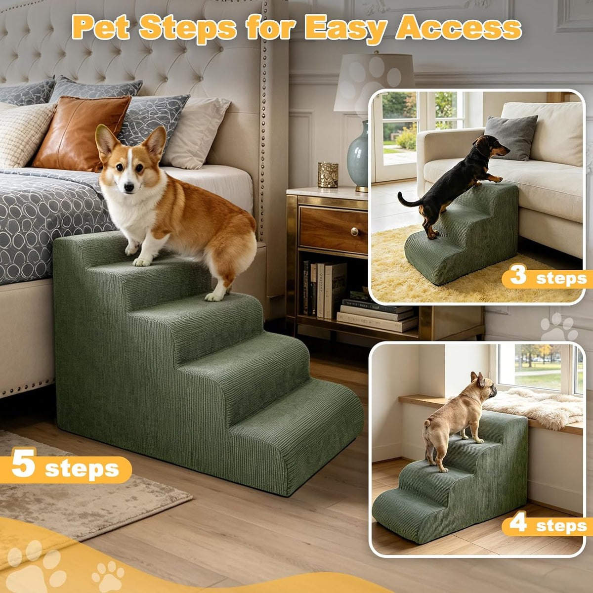 Dog Stairs for Bed & Couch, 18" H 4-Step Pet Ramp for Small Dogs - Green / 5 / Standard 23" Height - image 4
