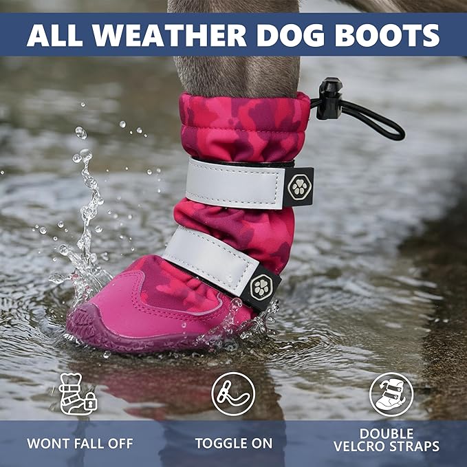 Spark Paws Dog Shoes, Waterproof Dog Boots for Medium to Large Dogs, Non Slip, Breathable Dog Booties and Paw Protectors - 4PCS Doggie Hiking Boots with Reflective Straps, Pink Camo, Size 4