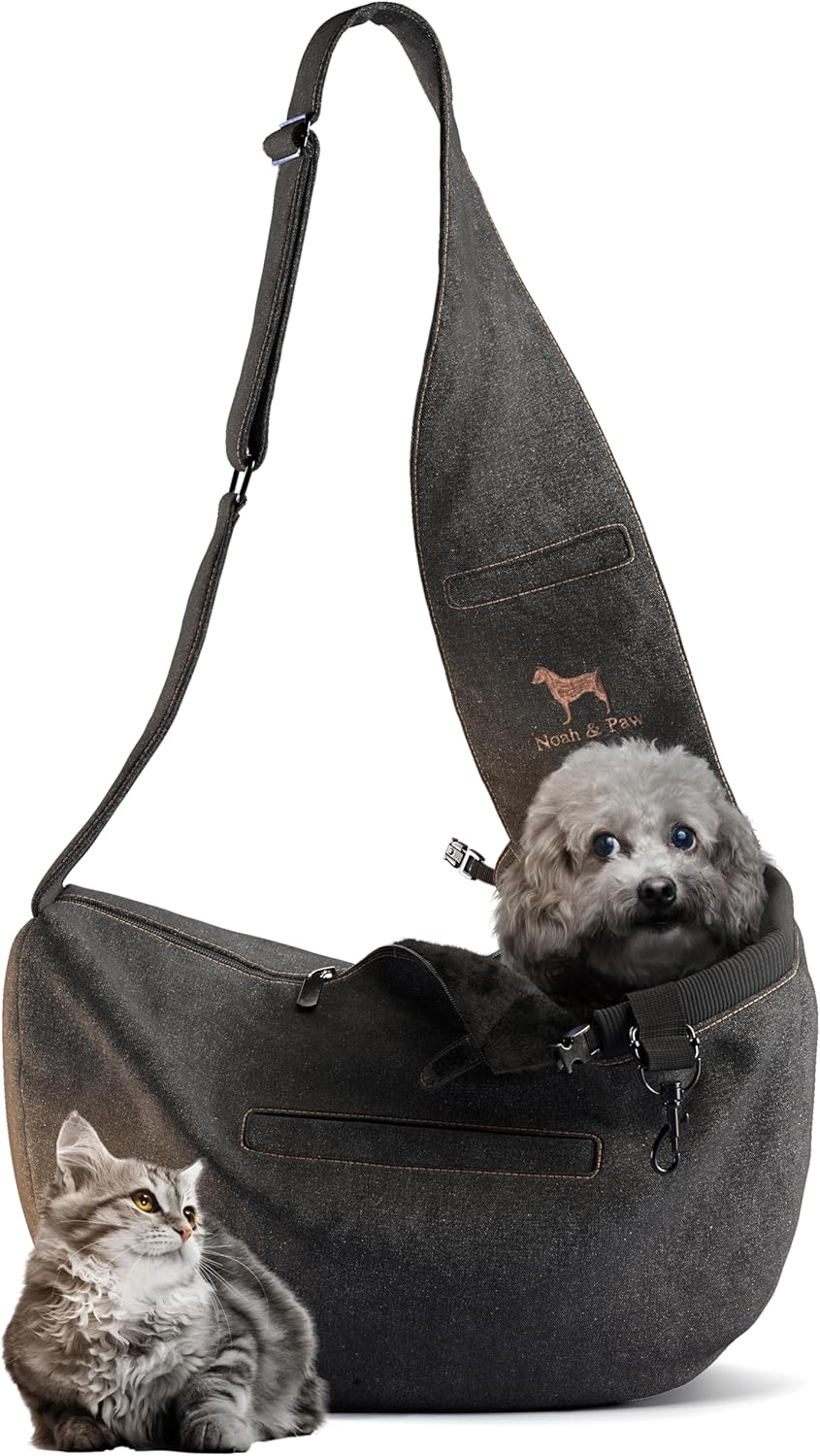 Noah & Paw Dog Sling Carrier for Small Dogs 5-18lb - Black (Denim) / 15.0"L x 6.0"W x 5.5"H