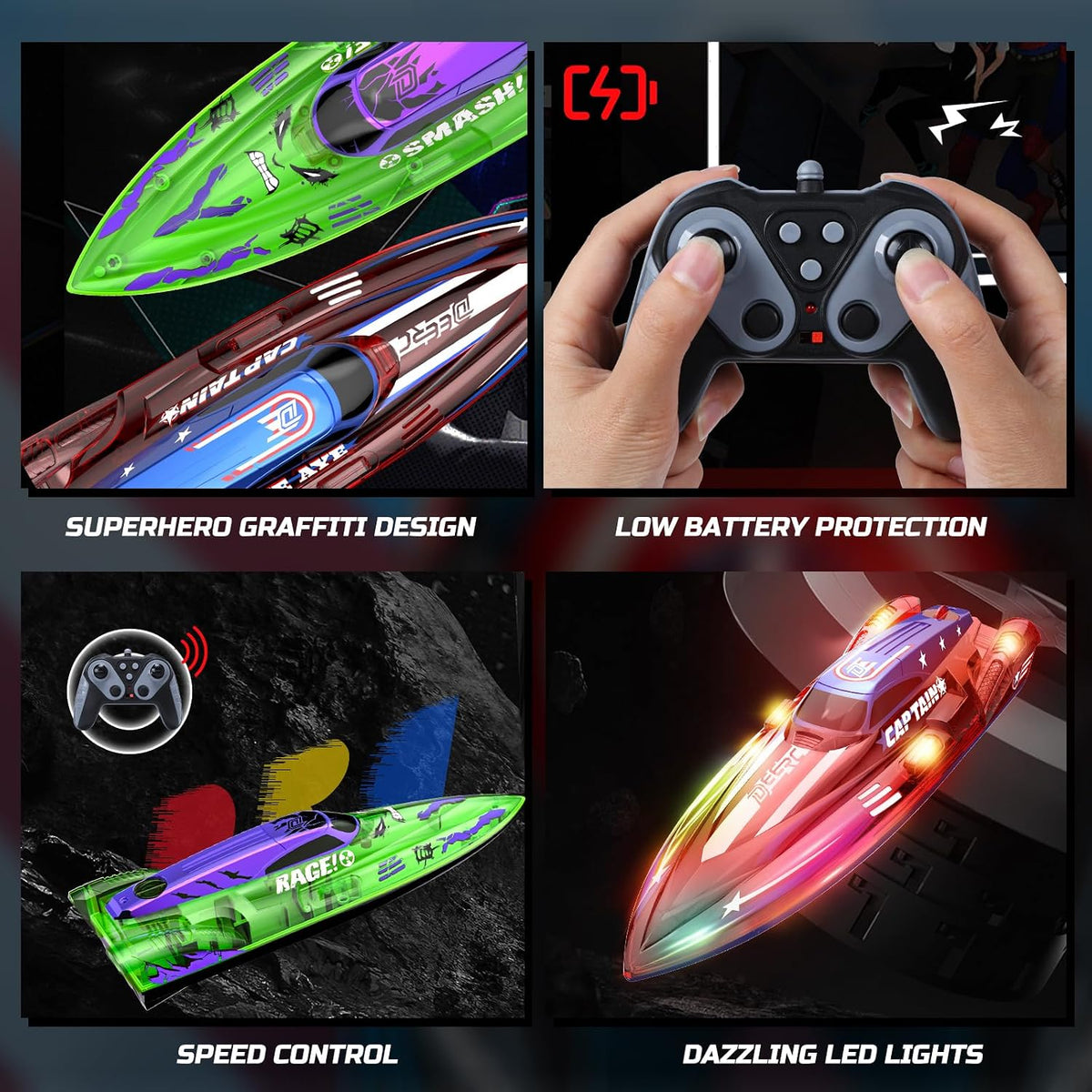 DEERC 2-pack remote control boats for kids with LED lights in green and red, white, blue - view 4