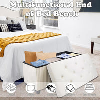 Storage Ottoman Bench, 43 Inch Foldable Ottoman with Legs, Velvet Foot Rest Stool, End of Bed Bench, Storage Chest for Living Room, Bedroom (Beige)