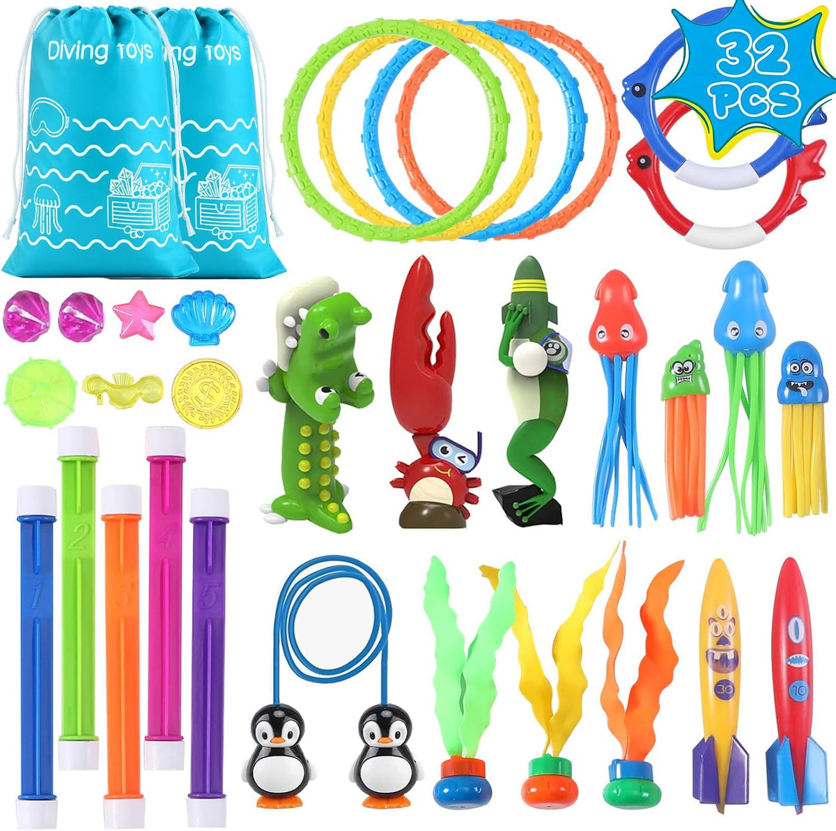 20Pcs Summer Pool Diving Swimming Toys for Kids Ages 3-12 - 32blue