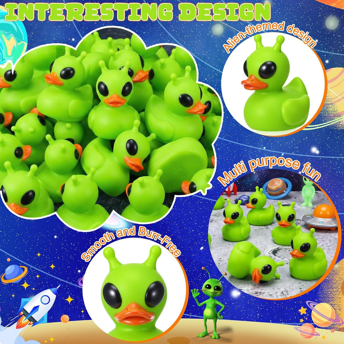 Sotiff mini alien rubber ducks, 25 green ducks with funny faces - view 30