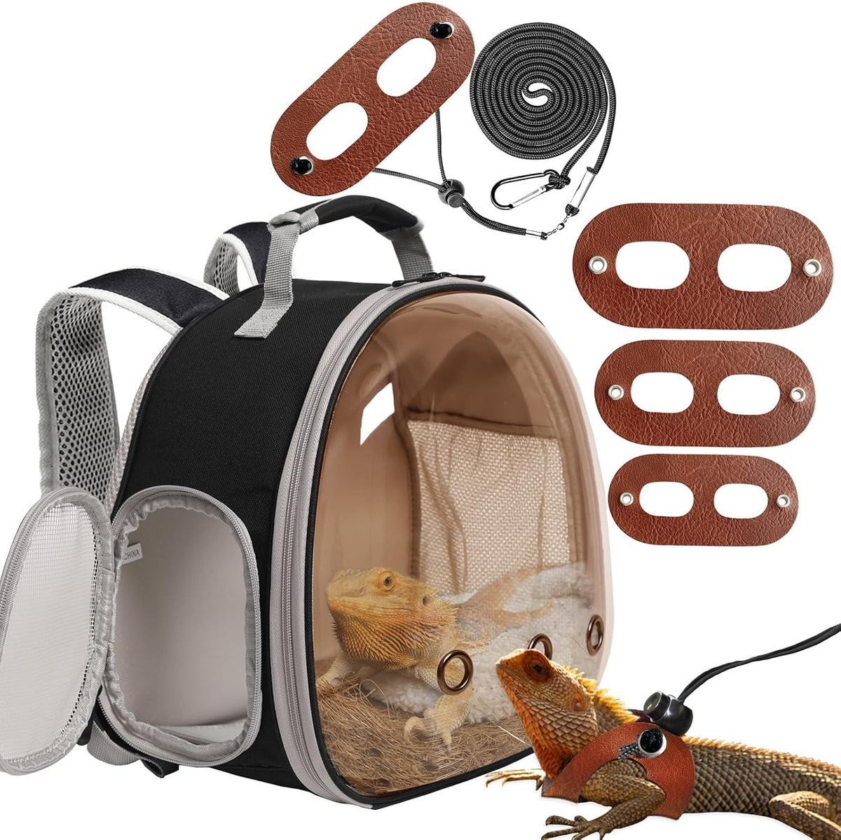 Bearded Dragon Travel Backpack with Harness and Leash Set - Black/Brown / Backpack+LSH Brown