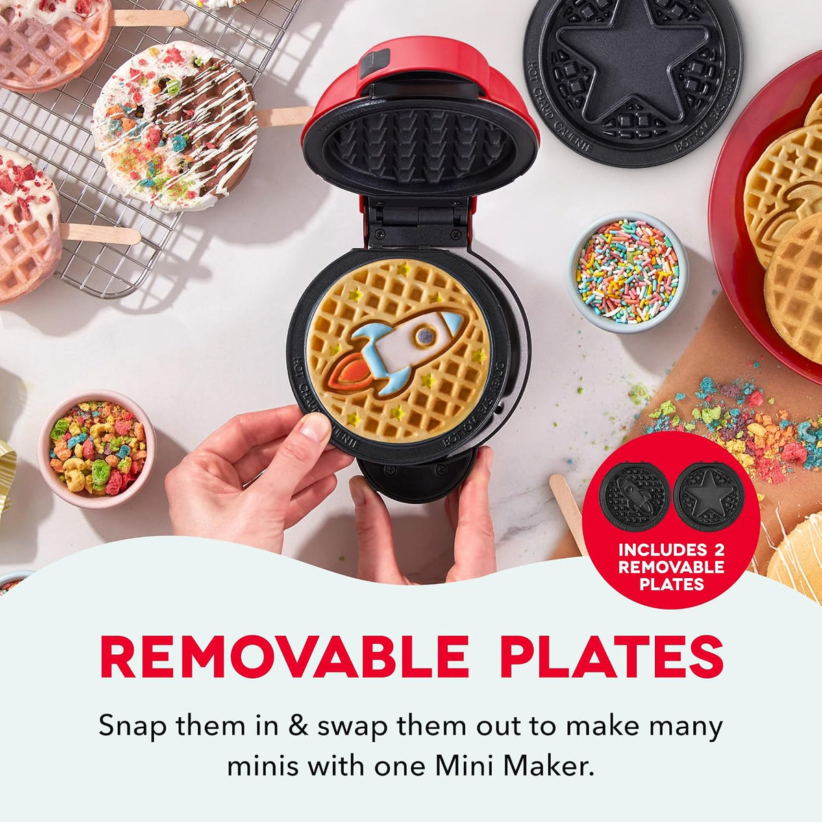 Dash Waffle Maker Plates, Dinosaur & Unicorn, Nonstick - Rocketship & Star - image 3