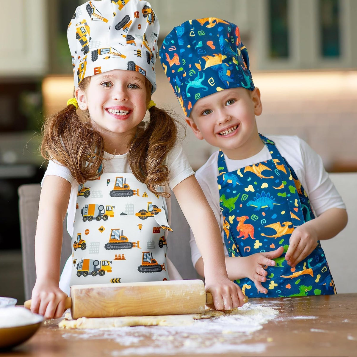 4Pcs Kids Apron and Chef Hat Set Gift for Girls Boys - Construction Vehicle & Dinosaur - image 4