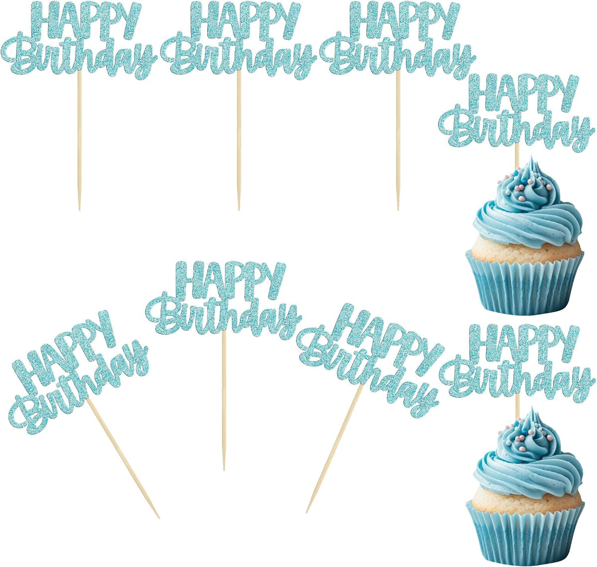 Gyufise 24Pcs Happy Birthday Cupcake Toppers Gold Glitter Celebrating - Light Blue