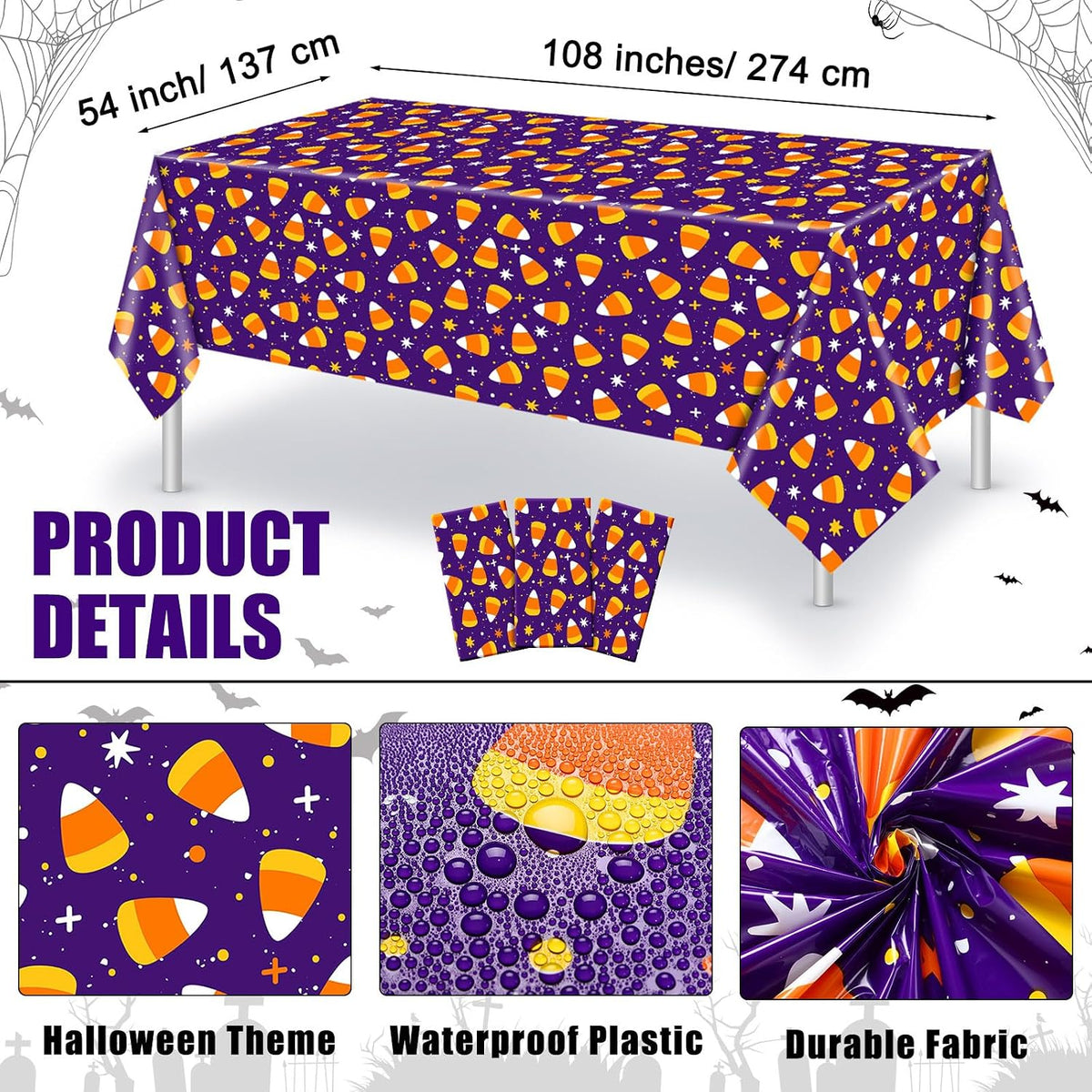 Newwiee 3 pack Halloween plastic tablecloths with candy corn print, 108 x 54 inches - view 11