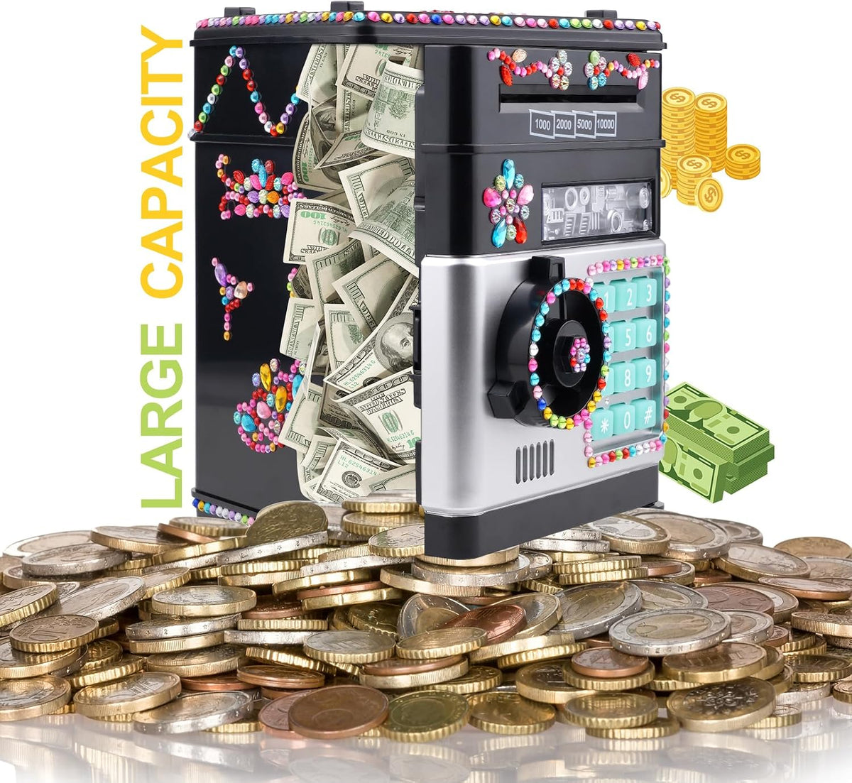 Piggy Bank for Kids Girls Boys with Password Code Lock Cash Coin Can - Black - image 3