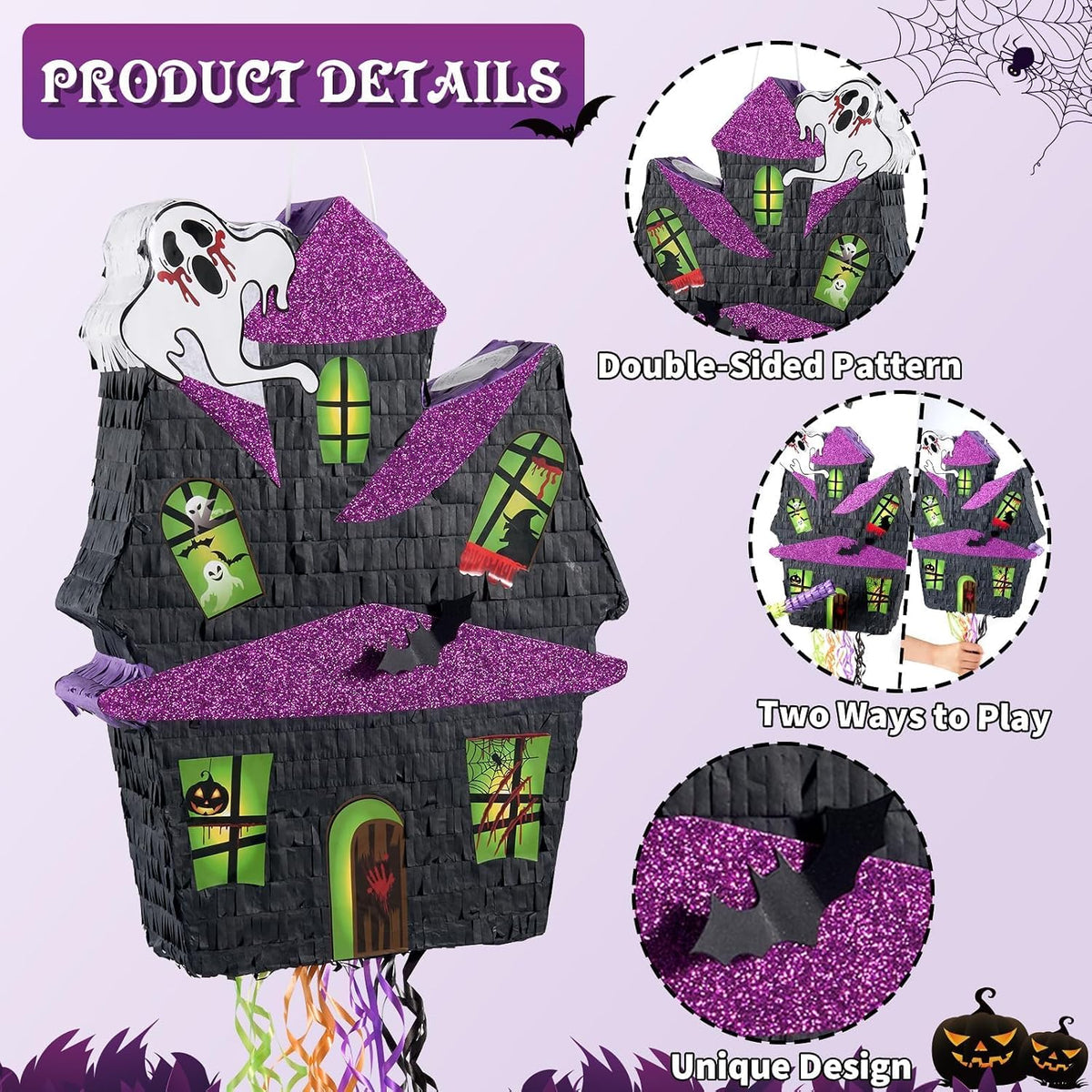 WERNNSAI Halloween skull pumpkin piñata in orange and black with spooky face - view 32