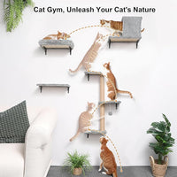 FUKUMARU Cat Wall Shelves, Stable & Safe 4 in 1 Cat Furniture Set, Wooden Climbing Wall with Scratching Post for 16 Inch Drywall - Light Gray