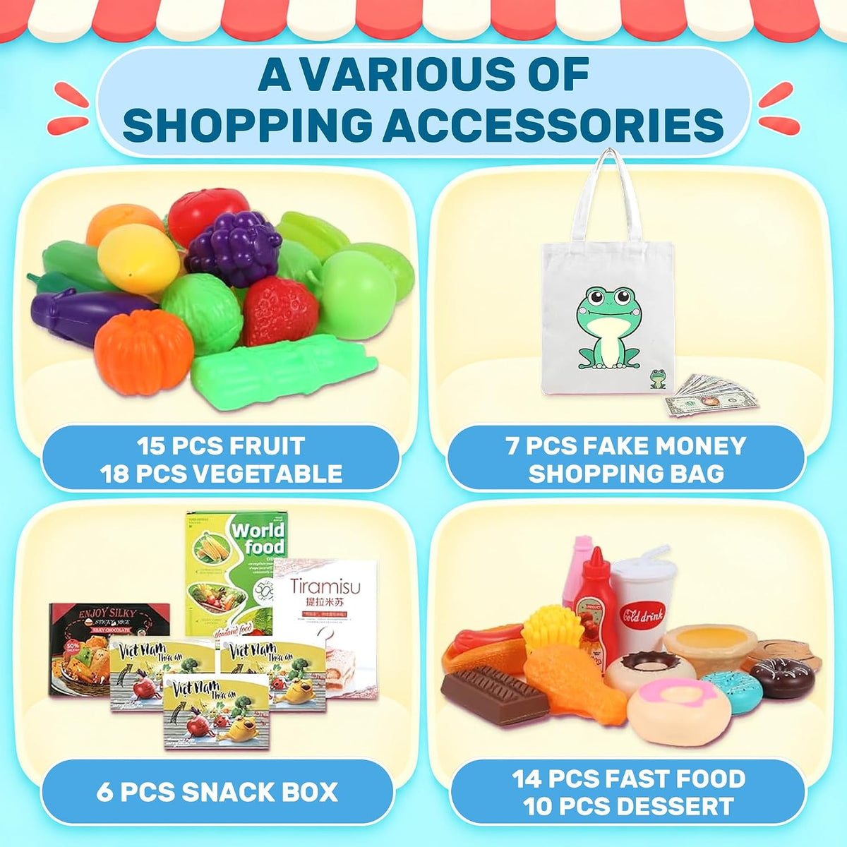 Ming You 2-in-1 Kids Shopping Cart Toy with Pretend Play Foods - Blue - image 3