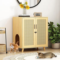 Lovinouse Large Cat Litter Box Enclosure,Hidden Kitty Litter Furniture with Sisal Covered Doors,2-Layer Wooden Cat Washroom Cabinet w/Adjustable Shelf,Side Table for Living Room,Natural