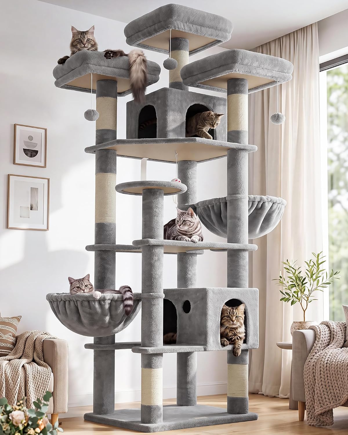 Globlazer Cat Tree Tower for Multiple Adult Cats, F82 - 82 inch / Light Grey