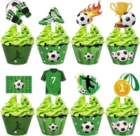 Hxezoc football cupcake toppers and wrappers set with brown and green football designs - view 5
