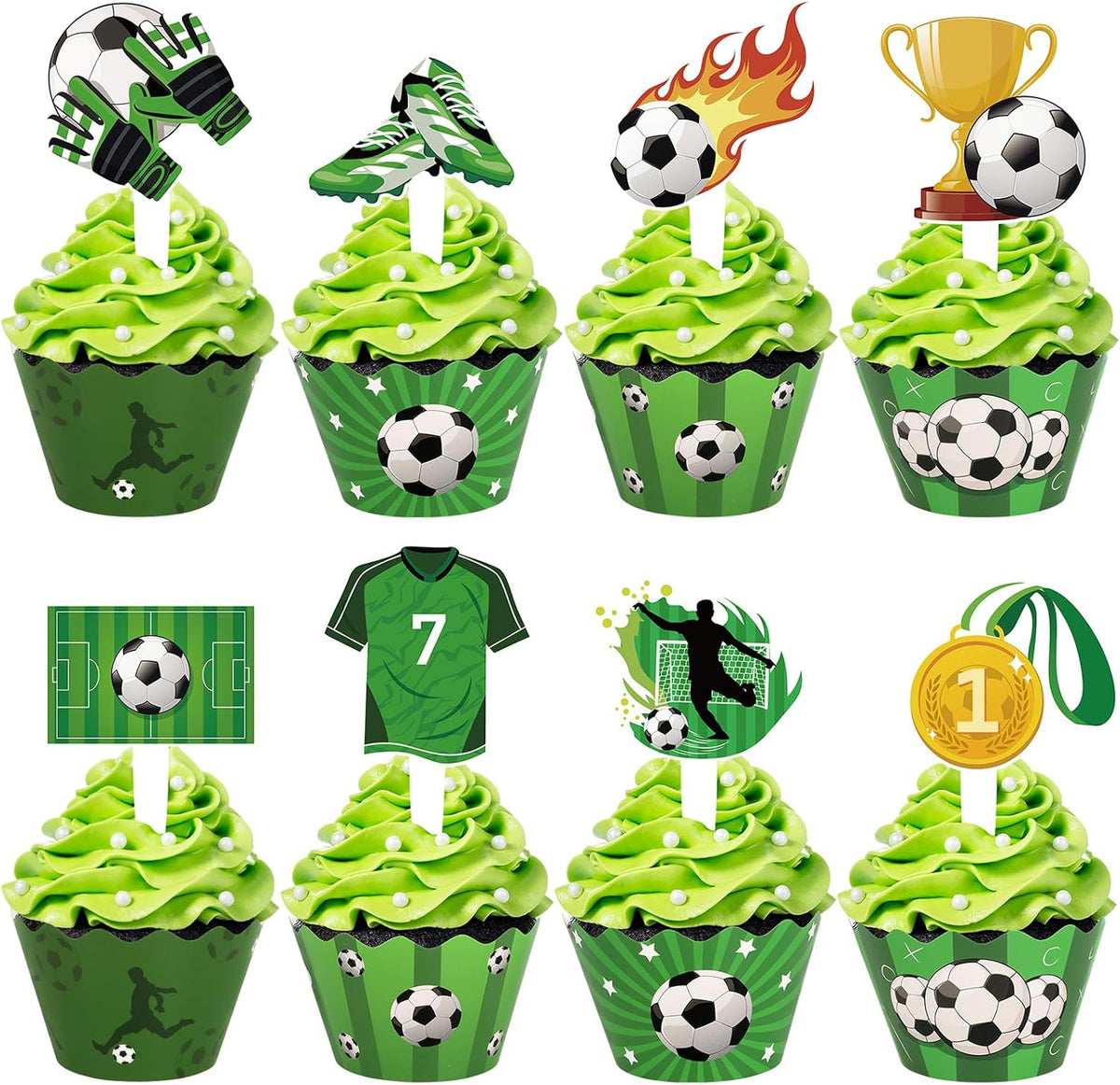 Hxezoc football cupcake toppers and wrappers set with brown and green football designs - view 5