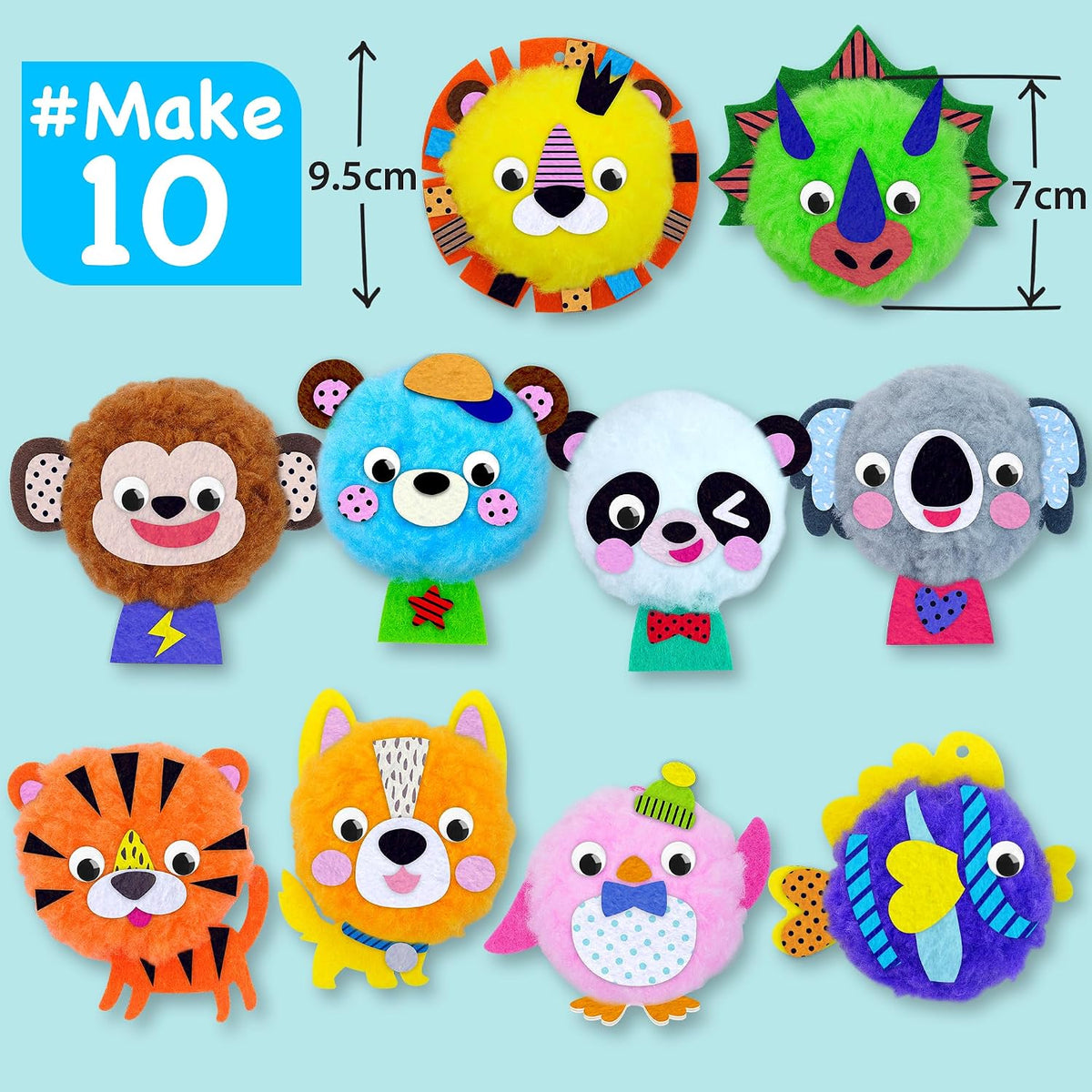 EZCRA pom pom craft kit with unicorn and animal pom poms, charms and felt stickers - view 6