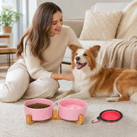 Ceramic Cat Dog Bowl Set with Stand - Pink / 400ML*2 - image 2