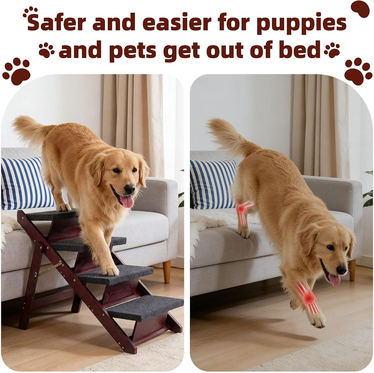 MEWANG Wooden Pet Stairs - 2 Step Foldable Ramp for Senior Dogs & Cats – Essentials for Dogs - 4 Steps – For Standard & High Beds (23–31 in) / 4 / 31.5" L x 17.2" W x 25.0" H - image 4