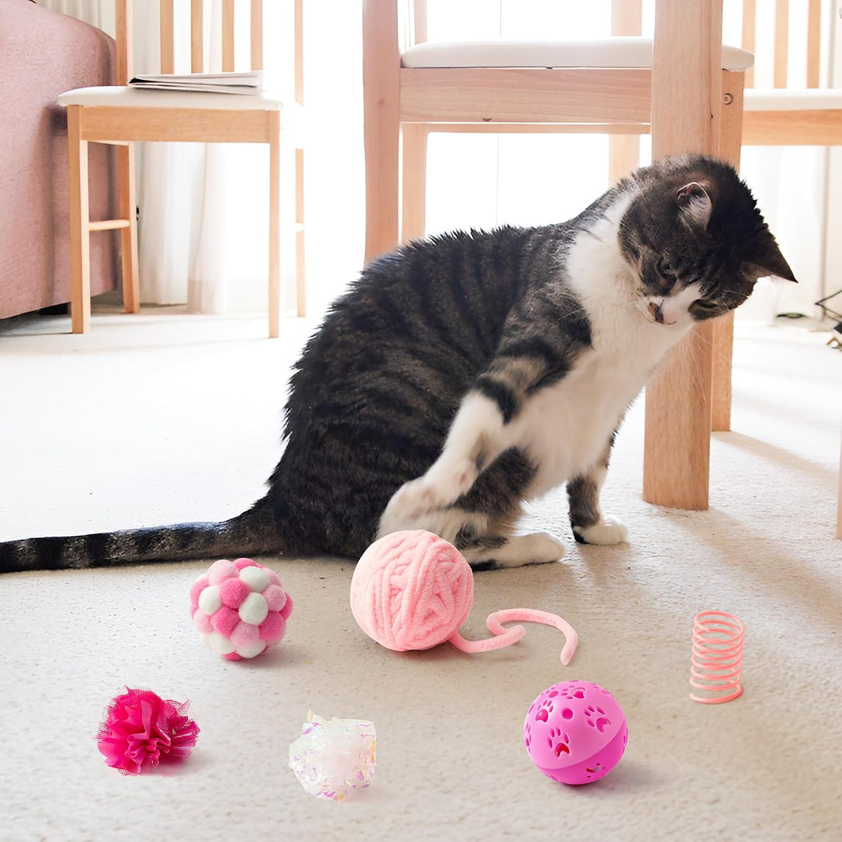 10-piece pink cat toy set with mice, bell balls, springs and crinkle balls - view 4