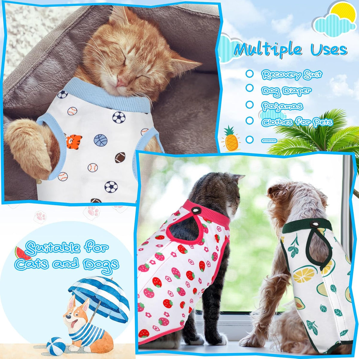 Kacctyen 6-piece cat recovery suit set in fruits print, medium, 100% cotton - view 2