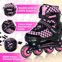 Nattork adjustable inline skates for kids with light-up wheels and checkerboard upper - view 33