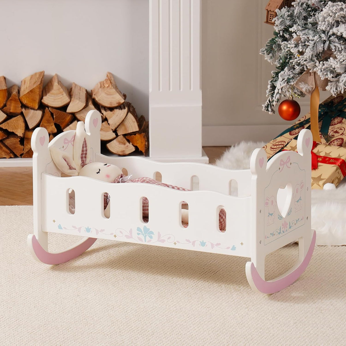 ROBUD wooden play high chair for dolls with feeding tray and bow print cushions - view 2