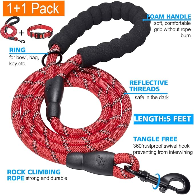 Heavy Duty Dog Leash - Comfortable Padded Handle, 5 ft Long - Dog Leashes for Small Medium Large Dogs (Leash+Collar M Neck 16"-20", Red)