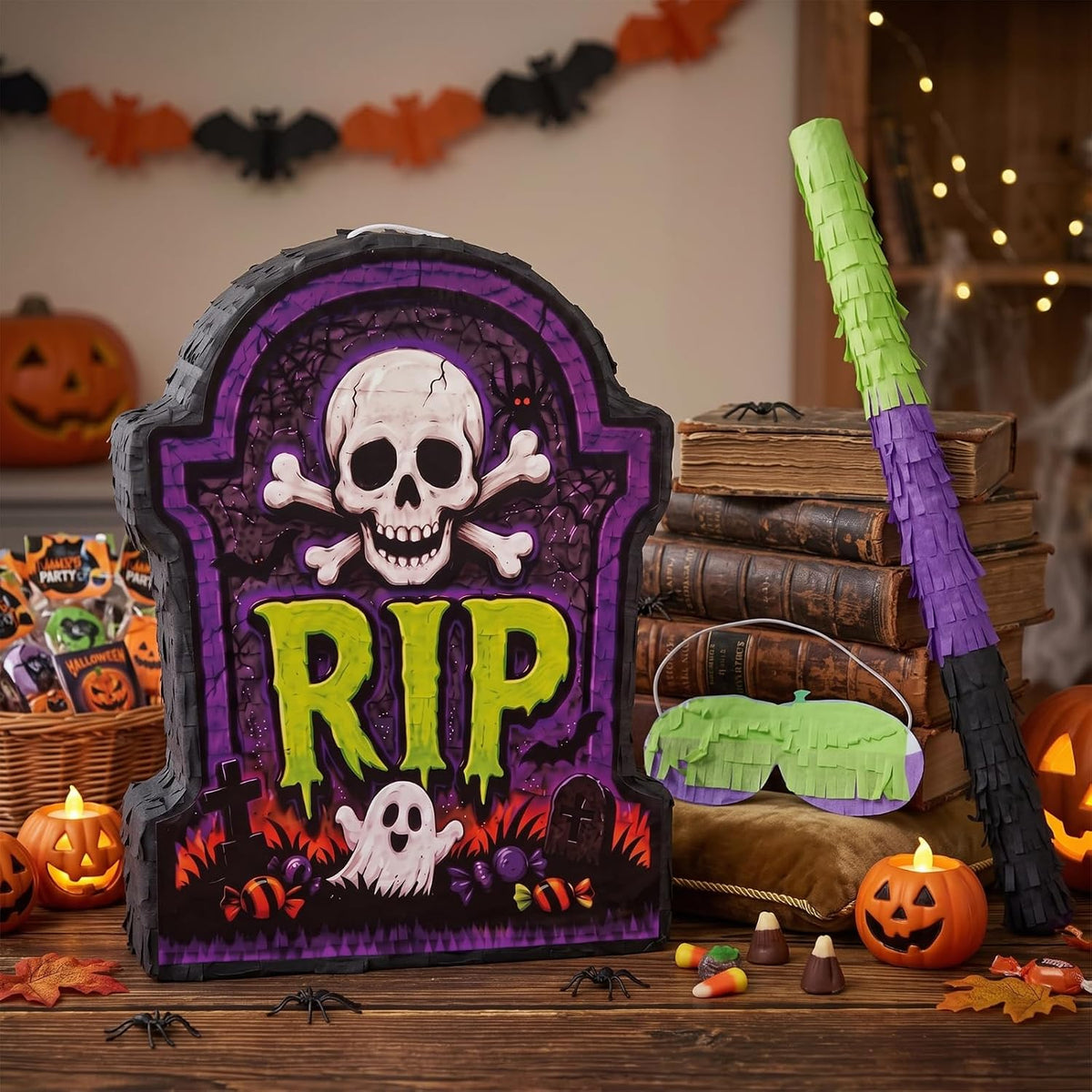 Aoriher Halloween skull piñata with bat stick, blindfold and square confetti - view 17