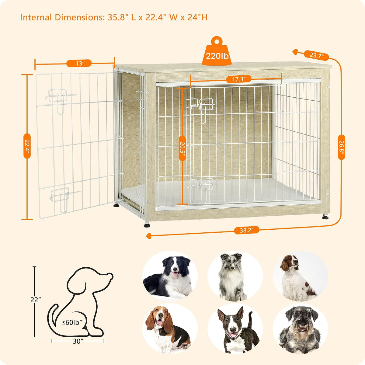 27" Dog Crate Furniture, Dog Kennel Indoor - White Oak / 38.5"L x 25.6"W x 26.8"H - image 3