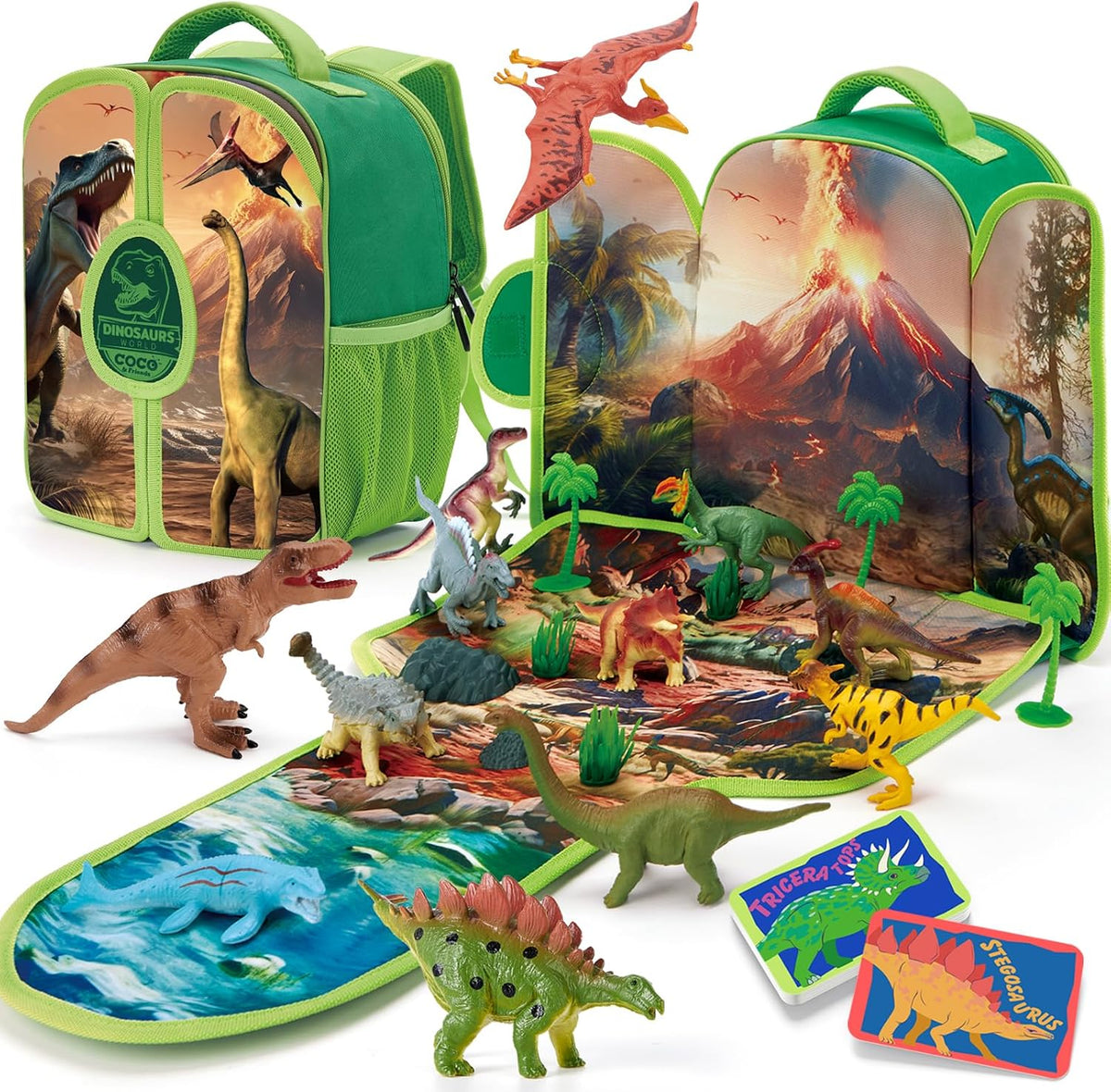 COCO&Friends dinosaur backpack playset unfolded into a 3D play mat with 12 dinosaurs