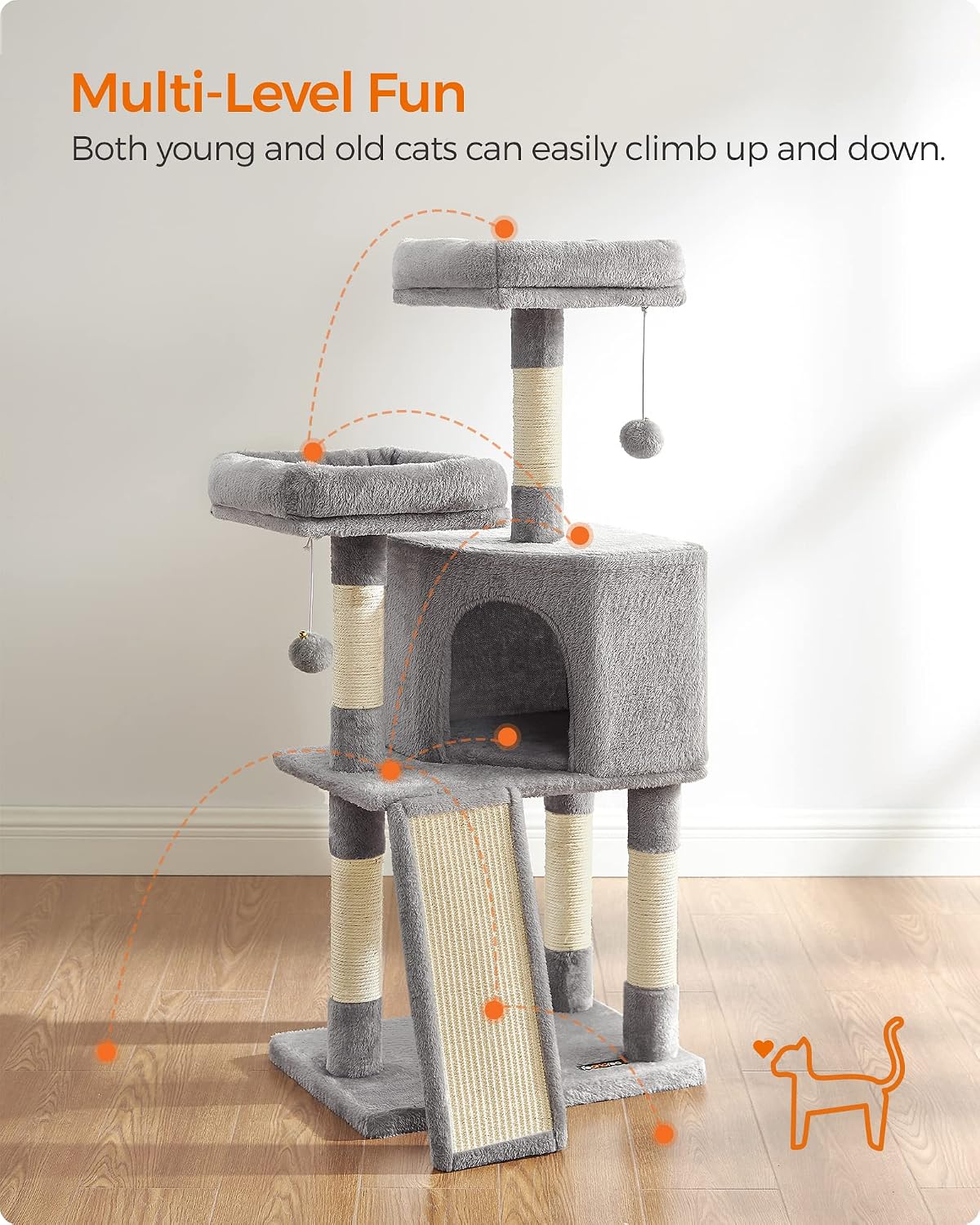 Feandrea Cat Tree, Plush Climbing Condo, Green - Light Gray - image 2