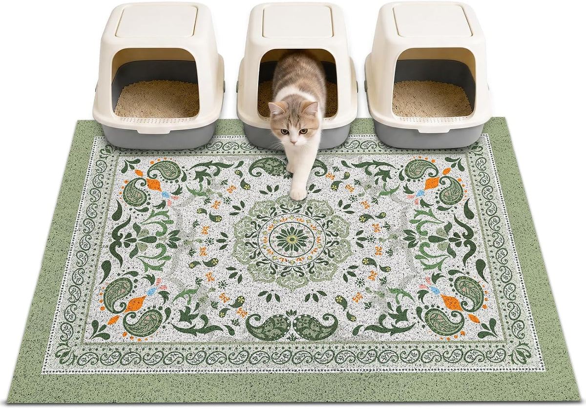 24"x15" Cat Litter Mat Non-Slip Washable Litter Box Mat – Daily Care for Cats - Green Mandala / 40X30in