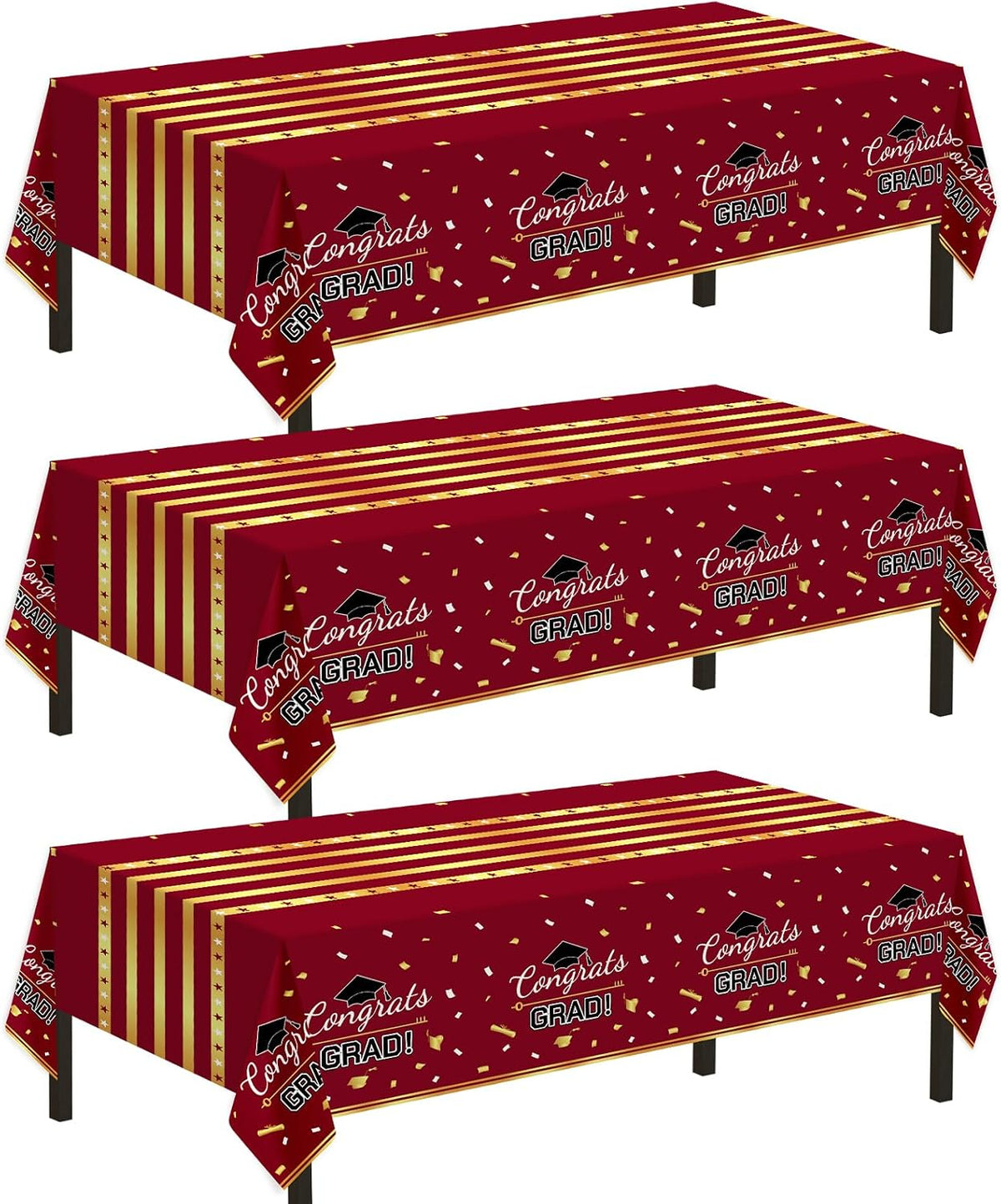Childom 3 Pack Black and Gold Tablecloths for Events - Wine Red