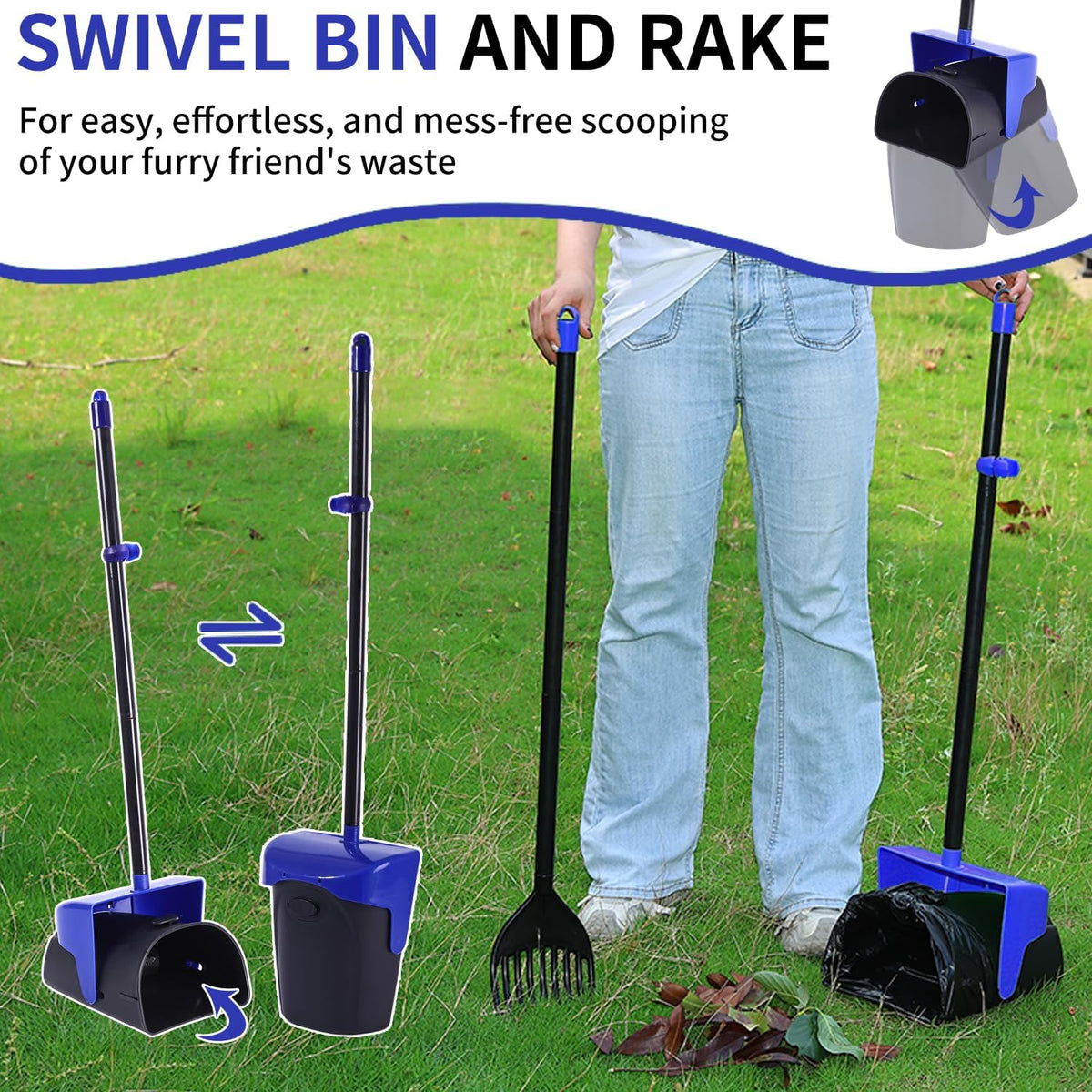 Pooper Scooper Large Swivel Bin & Rake with 160 Waste Bags - Blue1 - image 3