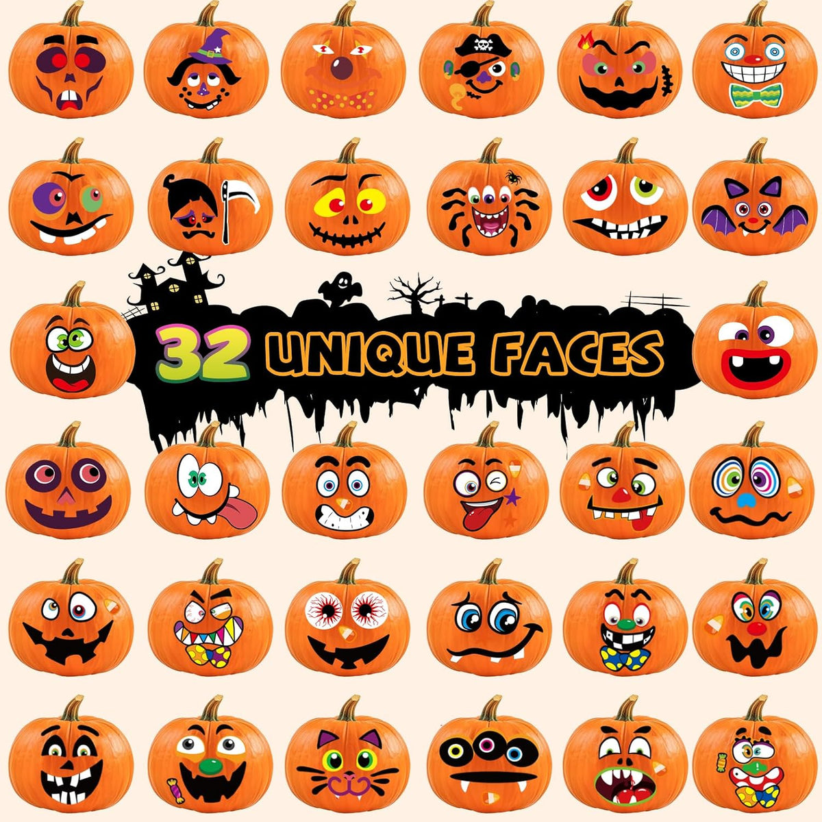 Aowplc Halloween pumpkin face stickers for kids, 32 small faces on vinyl sheets - view 7