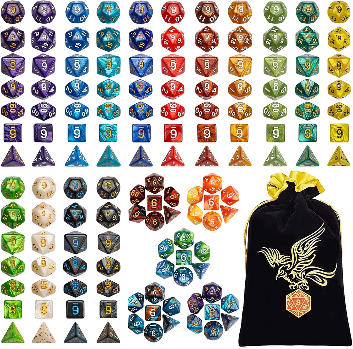 QMay 7 Sets Polyhedral Dice - 20 Colors (140pcs)