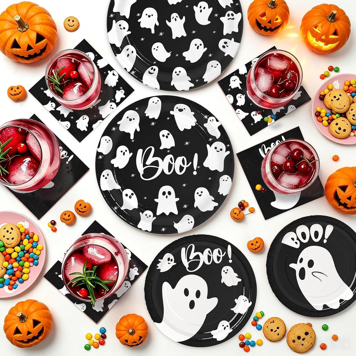 yunhuatdm 180 piece cute ghost Halloween plates and napkins set, black and white - view 40