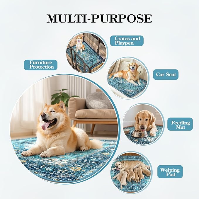 HAOCOO Washable Pee Pads for Dogs, (2 Pack) 3Ft x 4Ft Non-Slip Reusable Puppy Training Pads with Waterproof, Blue Super Absorbent Leak-Proof Whelping Pads Litter Mat for Pet Housebreaking
