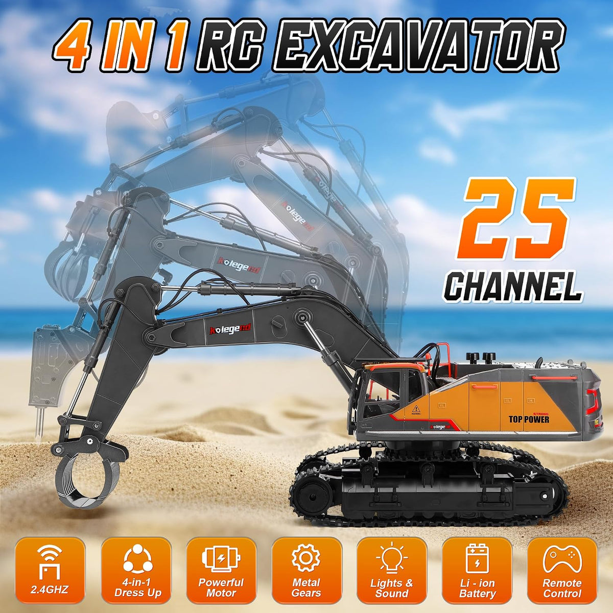 kolegend 1:14 RC Excavator 25 Channel 4 in 1 Construction Toys - Black - image 2